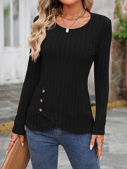 Black ribbed long sleeve top with round neck and asymmetrical button detail