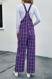 Vivid Violet plaid wide-leg overalls with buttoned straps and a comfortable fit.