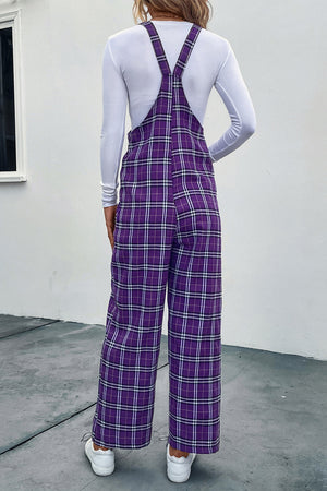 Vivid Violet plaid wide-leg overalls with buttoned straps and a comfortable fit.