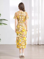 Embroidered Floral Puff Sleeve Midi Dress