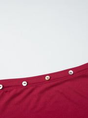Red fitted one-shoulder t-shirt with pearl button detail