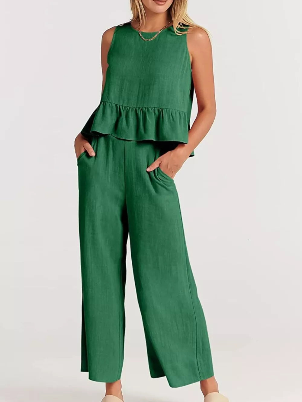 Ruffled Hem Sleeveless Top And Wide-leg Pants Set Plus Size in Black, view 13