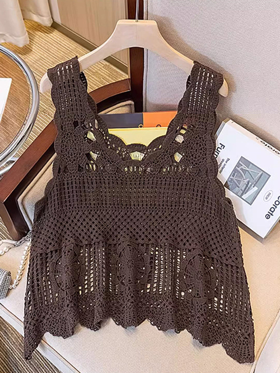 Olive brown crochet floral overlay tank top with scalloped neckline and hem.