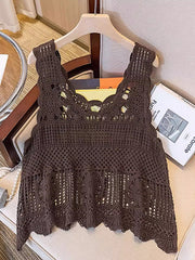 Olive brown crochet floral overlay tank top with scalloped neckline and hem.