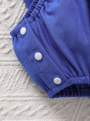 Sky blue cotton baby romper with ruffle sleeves and snap closures