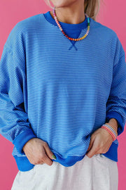 Stripe Ribbed Cuffs Long Sleeve Pullover Top in Royal Blue, back view