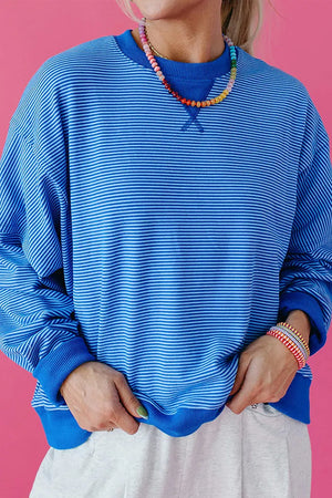 Stripe Ribbed Cuffs Long Sleeve Pullover Top in Royal Blue, back view