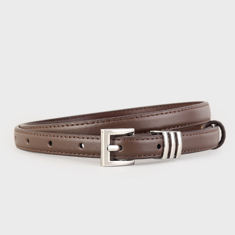 Brown cowhide leather belt with silver buckle detail