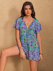 Floral tie-front V-neck romper with short sleeves and bohemian print.
