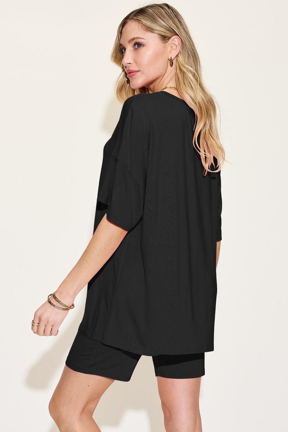 Black bamboo loungewear set with relaxed fit tee and shorts