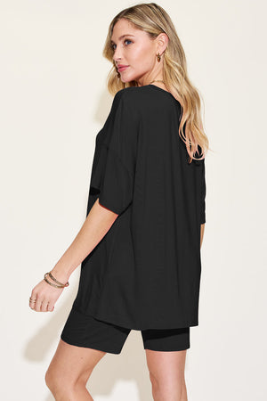 Black bamboo loungewear set with relaxed fit tee and shorts