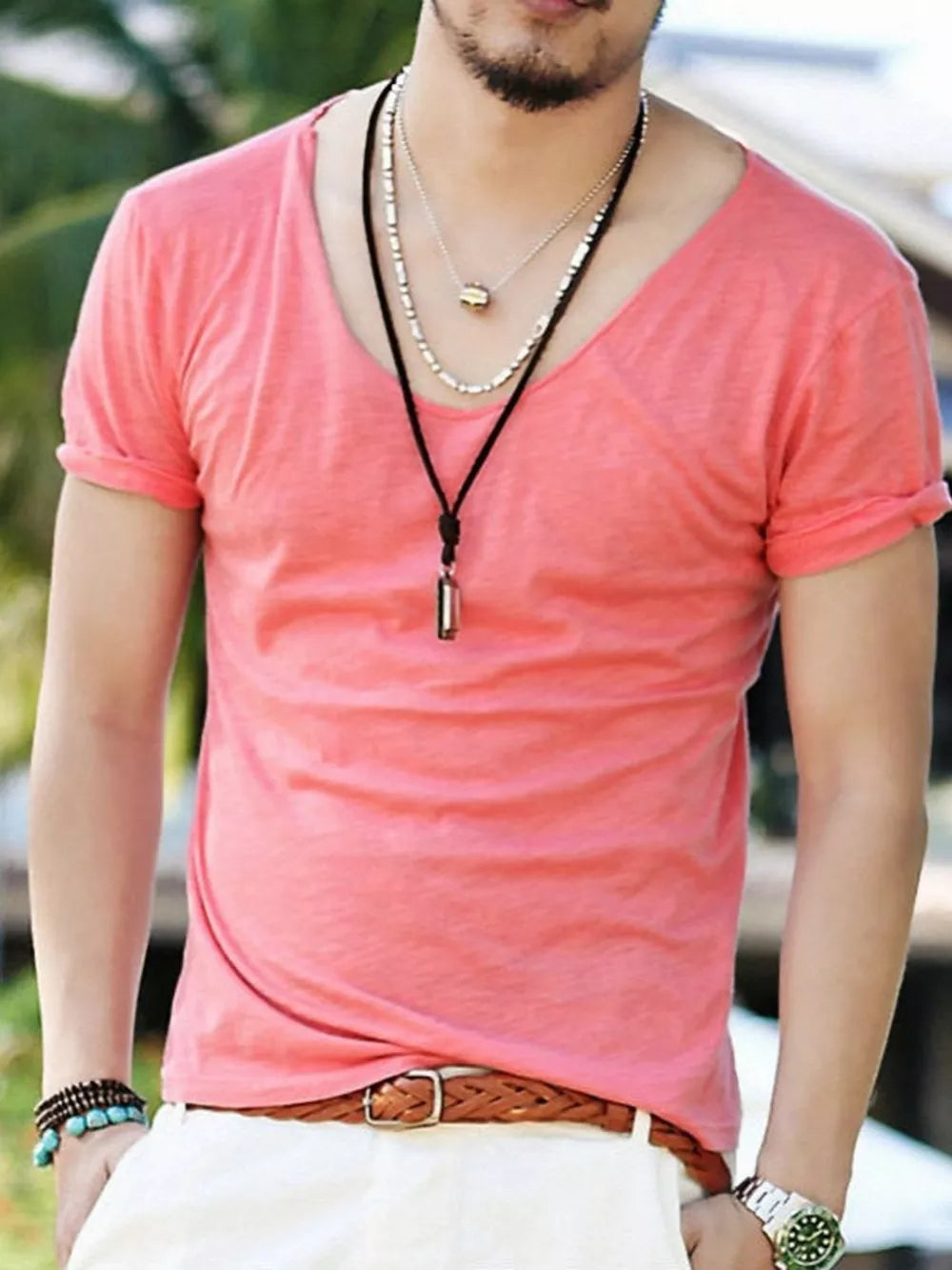 Men's relaxed scoop neck tee in watermelon red, short sleeves, cotton blend, casual style.