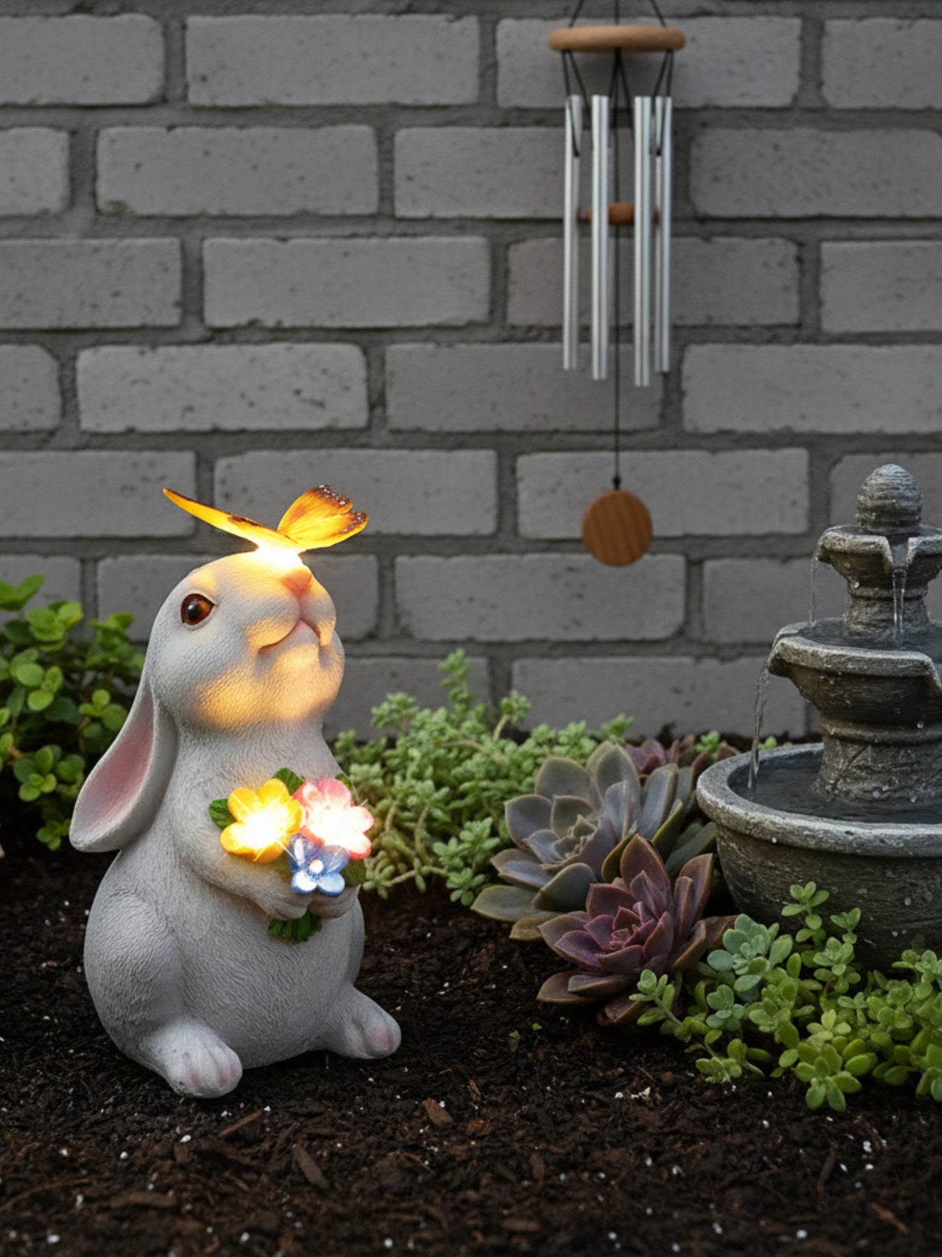 Easter bunny garden ornament with solar butterfly and illuminated flowers.