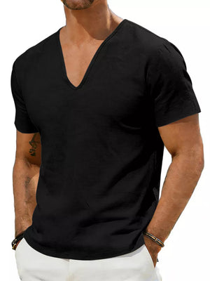 Black V-neck linen tee with short sleeves and a relaxed fit.