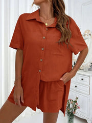 Orange linen shirt and shorts co-ord set with button front and pocket details