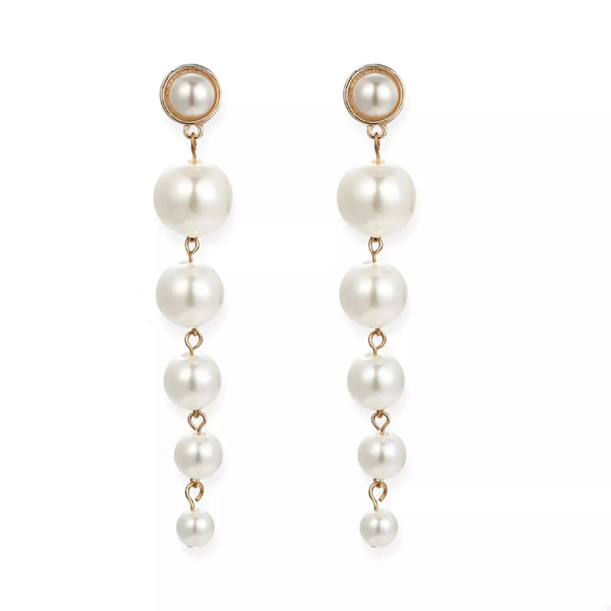 Gold cascading pearl drop earrings with multiple pearl sizes.