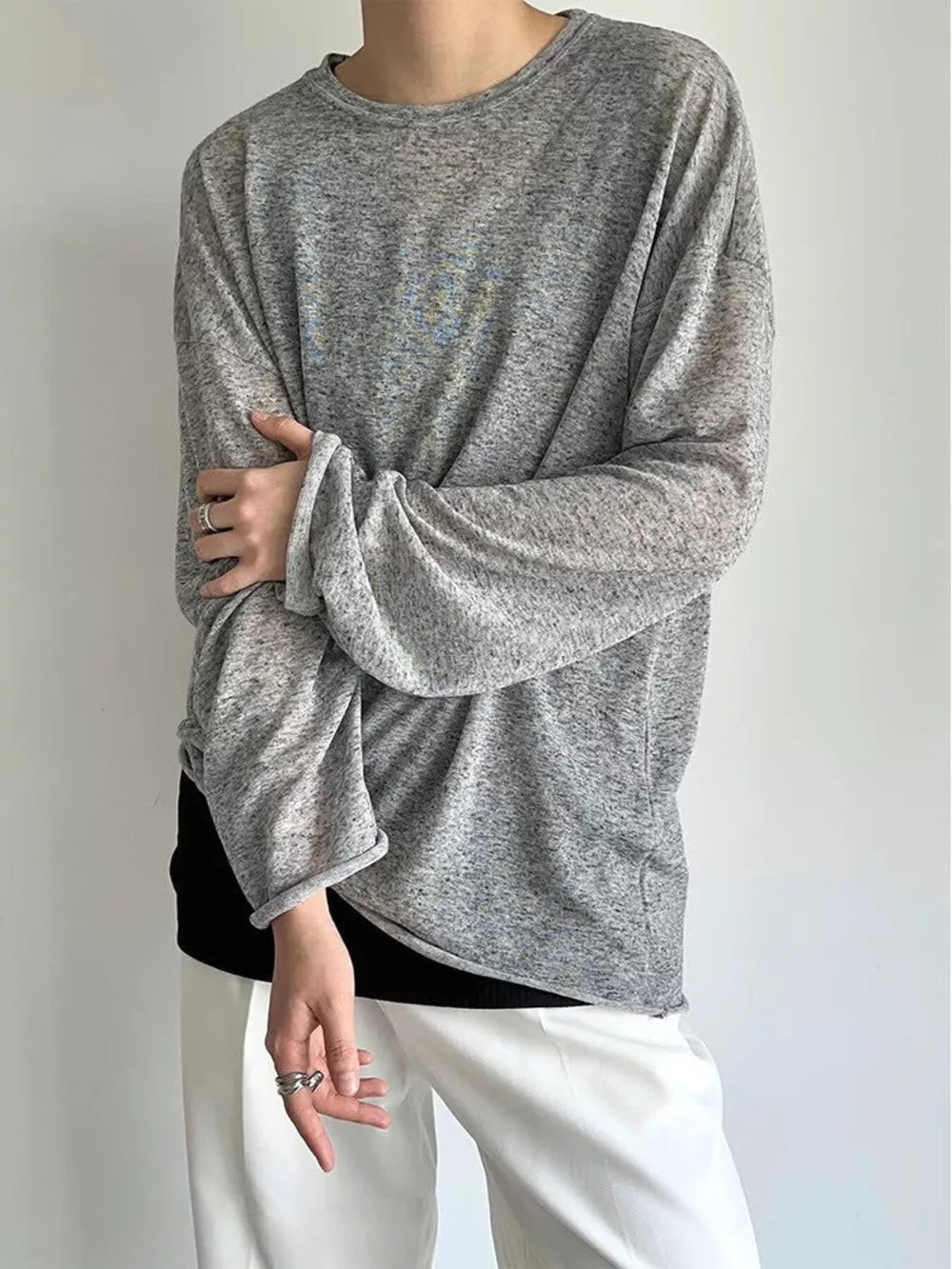 Men's Plus Size Heathered Long-sleeve T-shirt in Black, side view