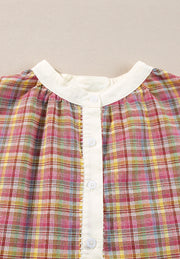 Bohemian plaid blouse with mandarin collar and button front in dusty pink tones.