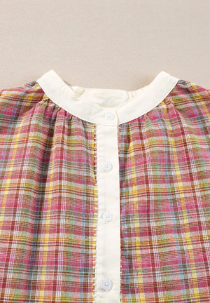 Bohemian plaid blouse with mandarin collar and button front in dusty pink tones.