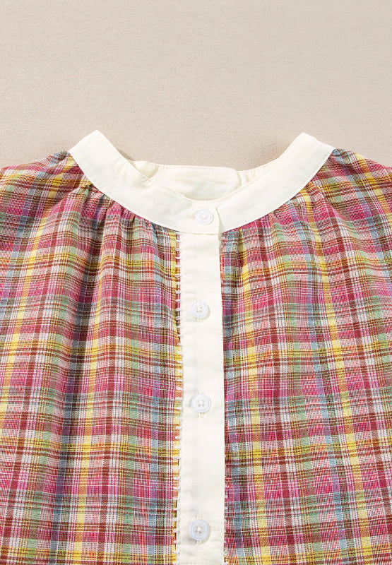 Bohemian plaid blouse with mandarin collar and button front in dusty pink tones.