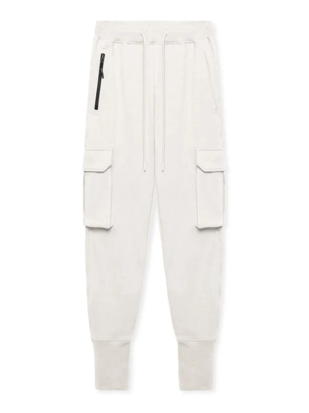White Tech-Knit cargo joggers with zip pocket and drawstring waist.
