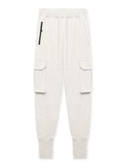 White Tech-Knit cargo joggers with zip pocket and drawstring waist.