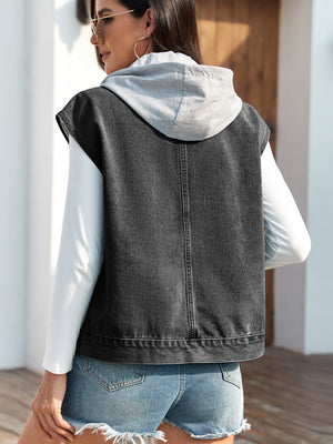 Black denim hooded vest with grey hood, button front, and contrast stitching.