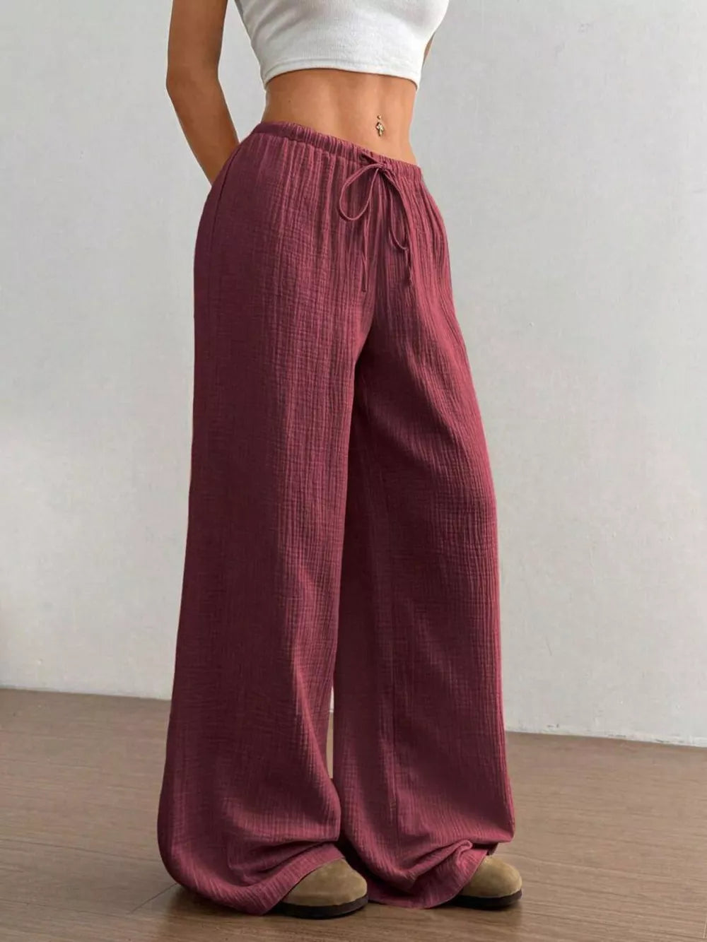 Wide-leg Drawstring Cotton Pants, product detail