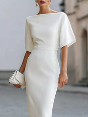Half Sleeve Boat Neck Midi Dress in Red, side view