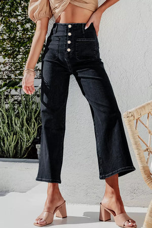 Black denim wide-leg jeans with button-fly and pocket details