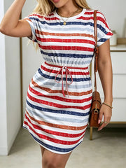 Striped casual dress with drawstring waist, short sleeves, and a-line cut in navy, red, and tan.