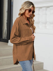 Caramel corduroy overshirt with button front and chest pocket.