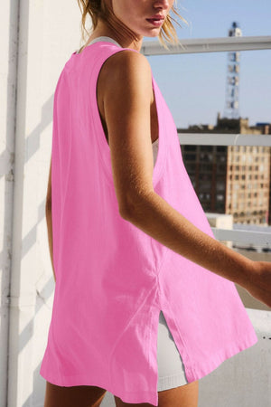 Oversized V-neck tank top in Fuchsia Pink with side slits and a relaxed fit.