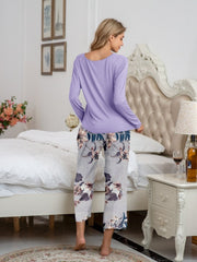 Lavender long sleeve lounge top with botanical print pants.