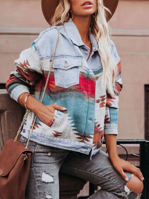 Geometric Print Denim Jacket in Blue, side view