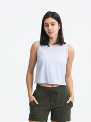 Light Blue mesh-inset back cropped active tank top with crew neck and sleeveless design.
