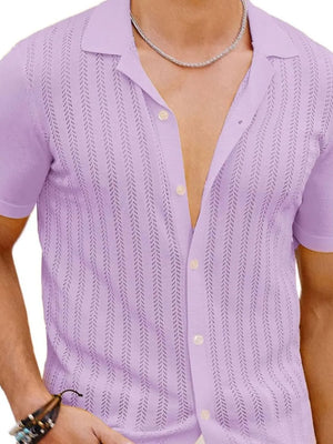 Lavender mesh button-up shirt with short sleeves and vertical open knit pattern.