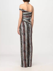 Vibrant one-shoulder maxi dress with chevron pattern and asymmetrical neckline.