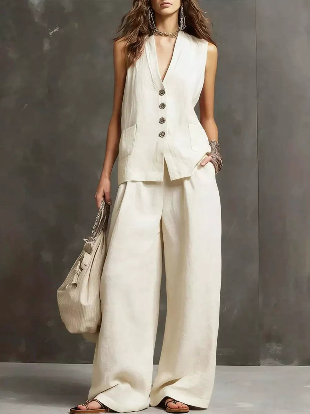 Sleeveless Buttoned Vest And Wide-leg Pants Set, back view