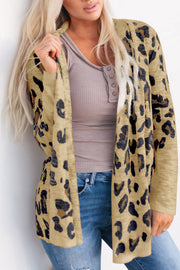 Blush leopard open-front knit cardigan with long sleeves, styled with a ribbed henley.