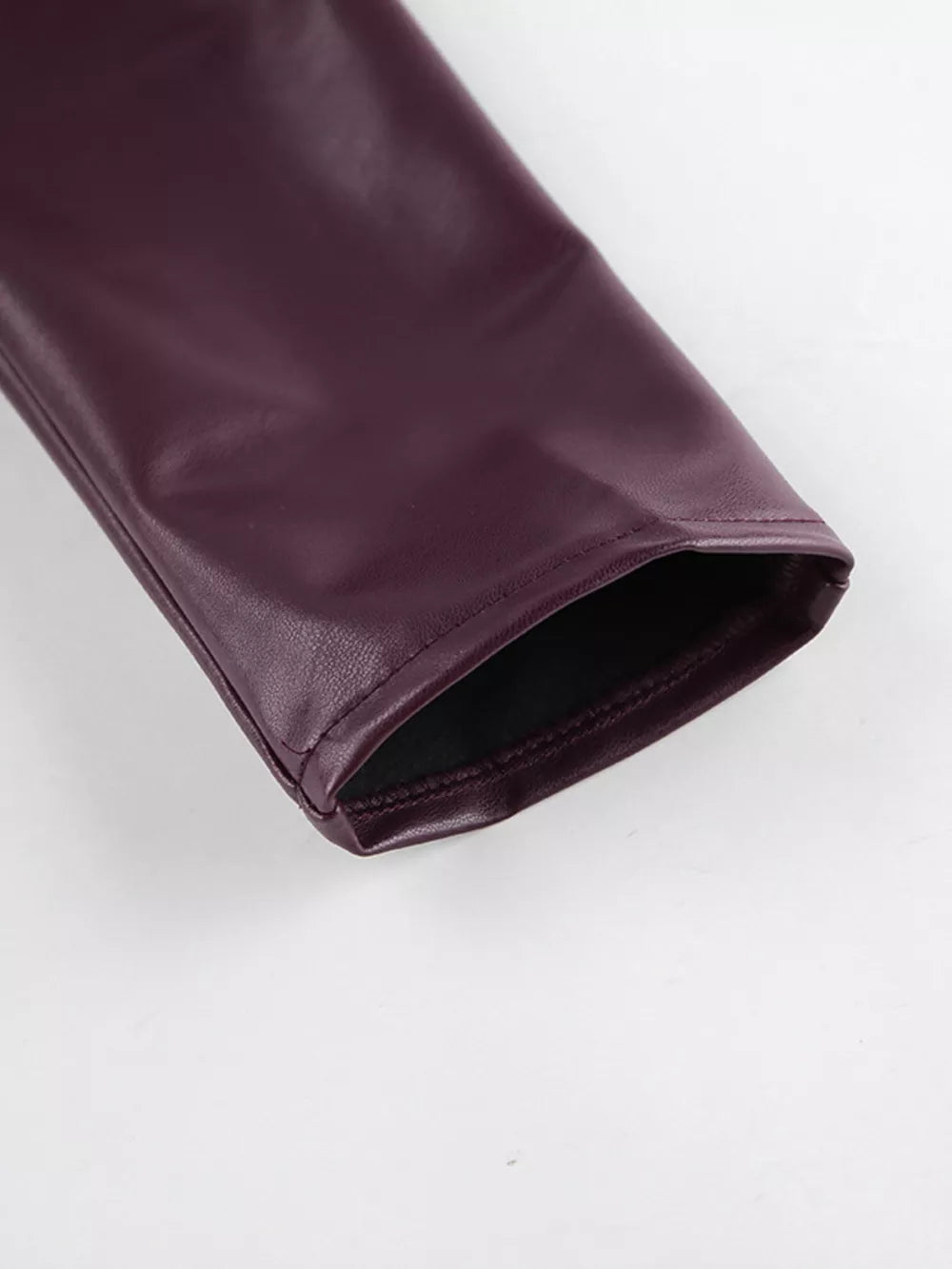 Stand Collar Belted Faux Leather Jacket in Wine Red, view 20