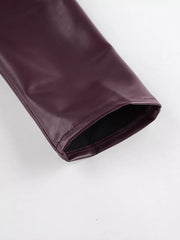 Stand Collar Belted Faux Leather Jacket in Wine Red, view 20