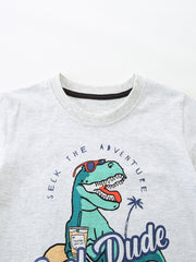 Light grey cotton t-shirt with a graphic of a dinosaur wearing sunglasses and holding a drink, with text "Seek the