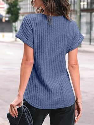 Ribbed knit t-shirt in light blue with cuffed short sleeves and a relaxed fit.