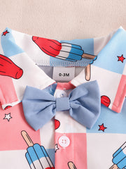 Baby bodysuit with popsicle print, collar, and blue bow tie detail.
