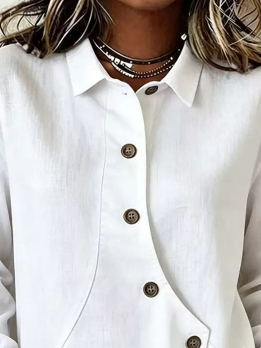 Full Size Asymmetrical Button Down Shirt in White, side view