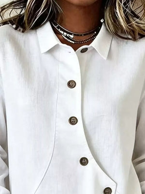 Full Size Asymmetrical Button Down Shirt in White, side view