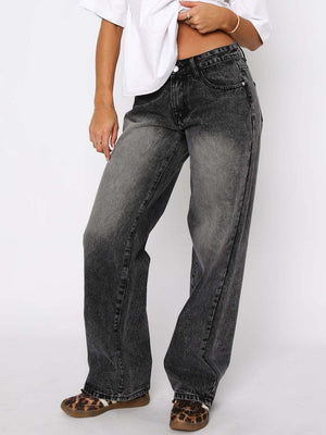 Dark gray wide-leg denim jeans with contrast stitching and a buttoned fly.