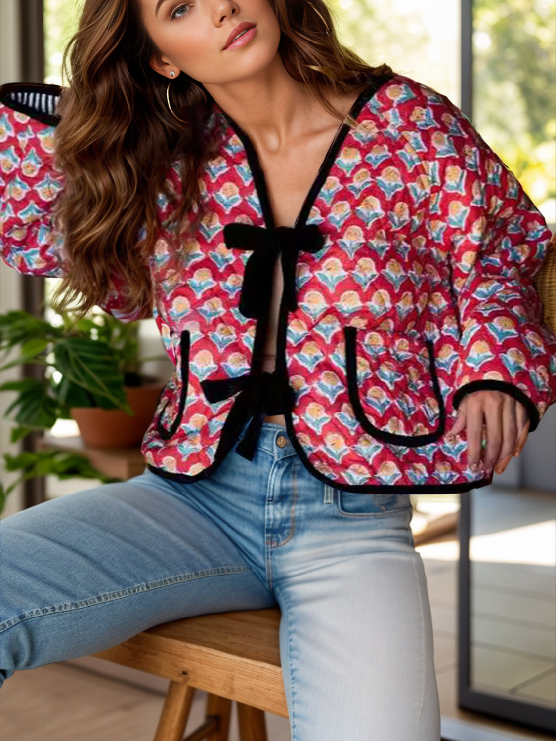 Quilted jacket with red floral print, black contrast trim, and bow front detail.