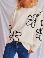 Floral outline knit sweater in black, beige, or watermelon pink. Acrylic, breathable, casual.